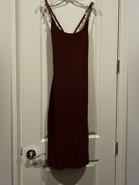 Wild fable Brown waffle Knit Slip Dress bead, and shell detail Medium NWT